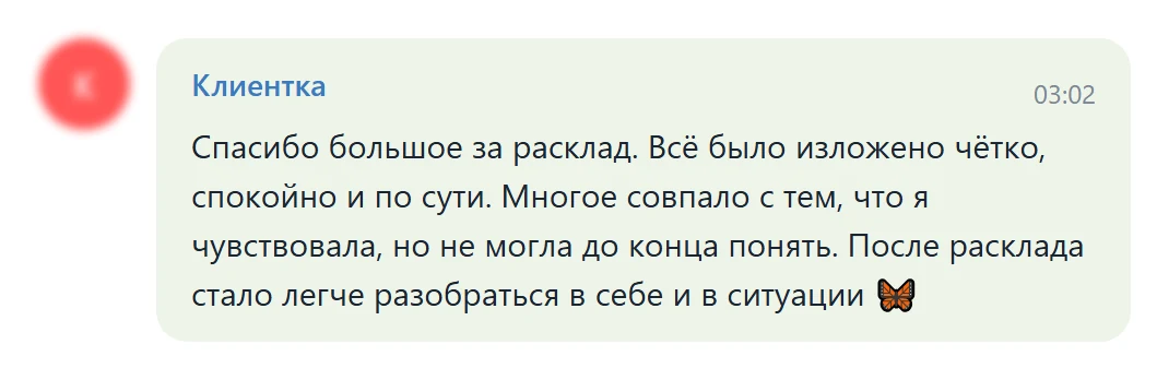 Изображение отзыва из Telegram-группы: Клиентка (без аватарки и ника)